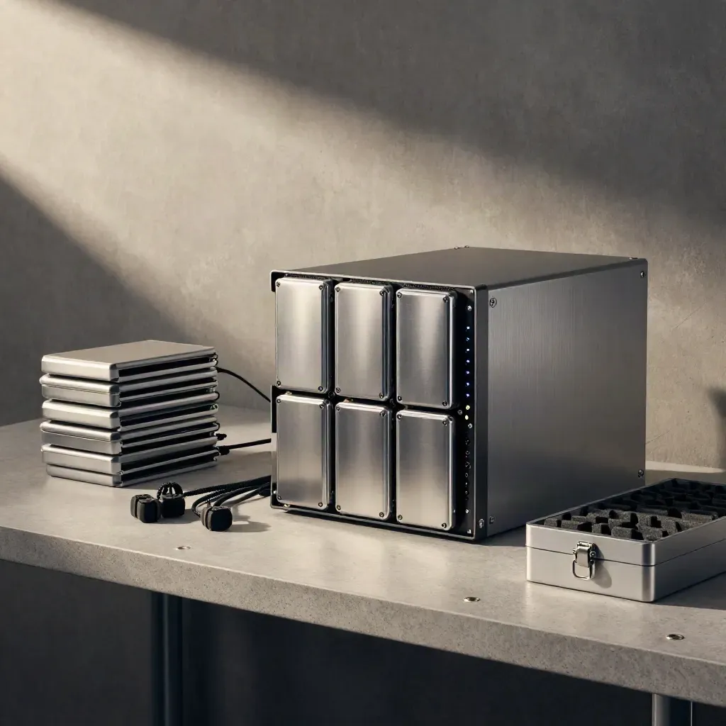Secure backup drives and server enclosure on a clean bench in an archive room.