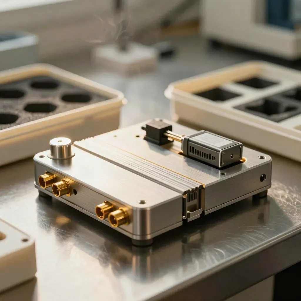 Macro of a lab instrument kit in foam inserts, with gold connectors and workshop mist.