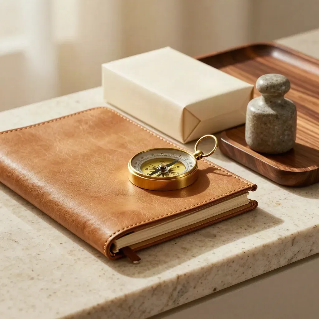 Macro still life of leather folio, brass compass, sealed portfolio box and walnut tray on travertine.