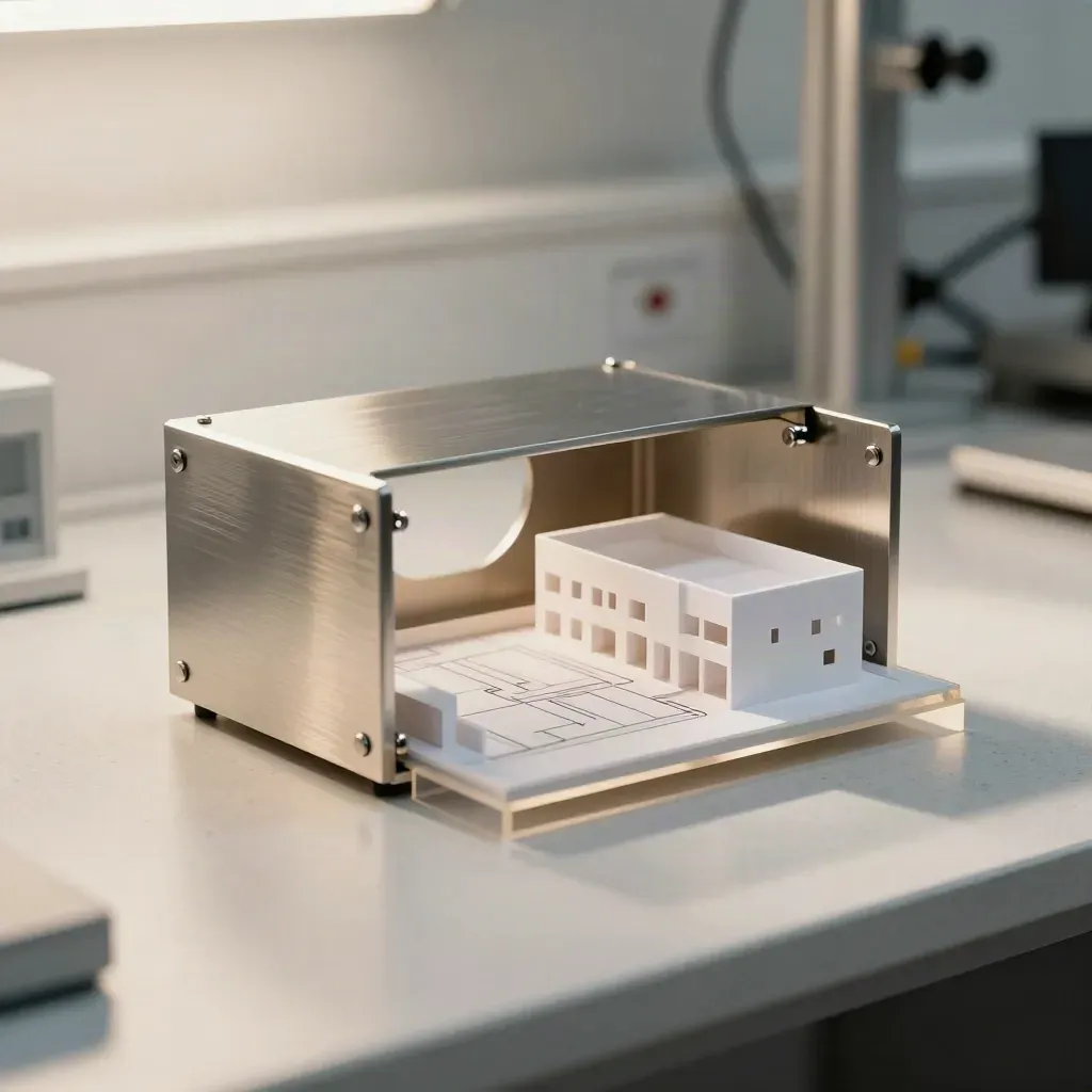 Aluminium spinout prototype and architectural mock-up on a bright lab bench.