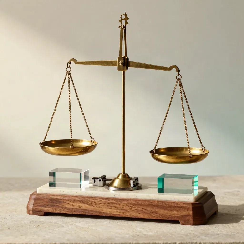 Brass balance scale with acrylic valuation blocks on a travertine plinth.