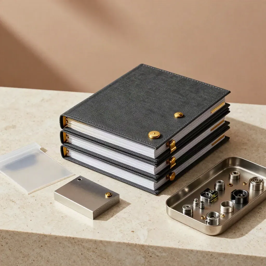 Overhead flatlay of binders, sample pouches and prototype parts on pale travertine.