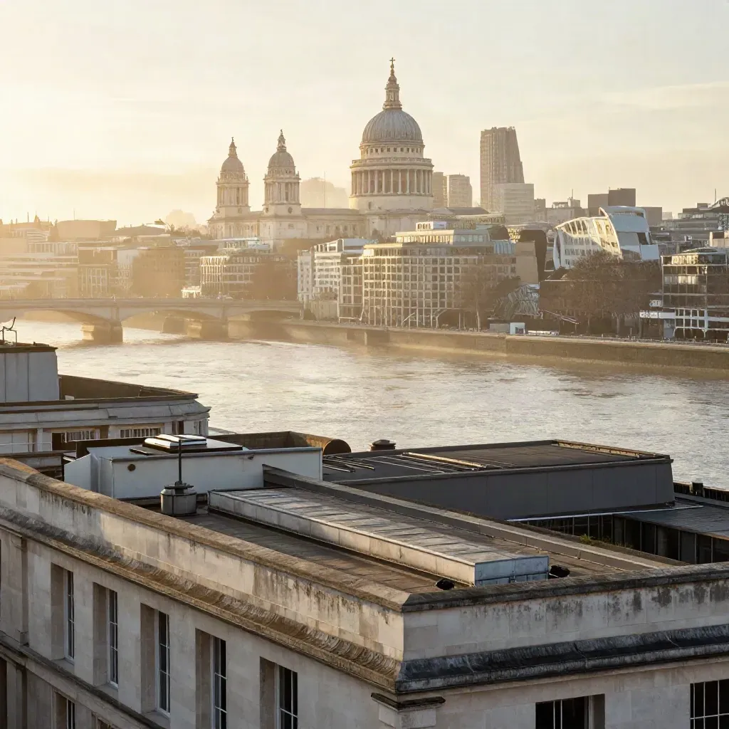 City of London skyline above misty Thames at sunrise