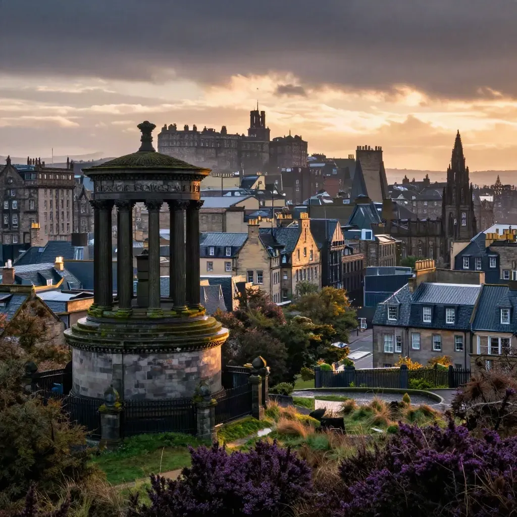 Edinburgh Old Town skyline from Calton Hill at sunset, with heather, wet stone and drifting rain haze.